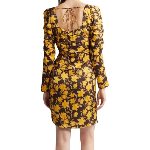 Floret Studios Floral Long Sleeve Ruched Square Neck Dress Yellow Brown XS NWOT - Picture 15 of 15